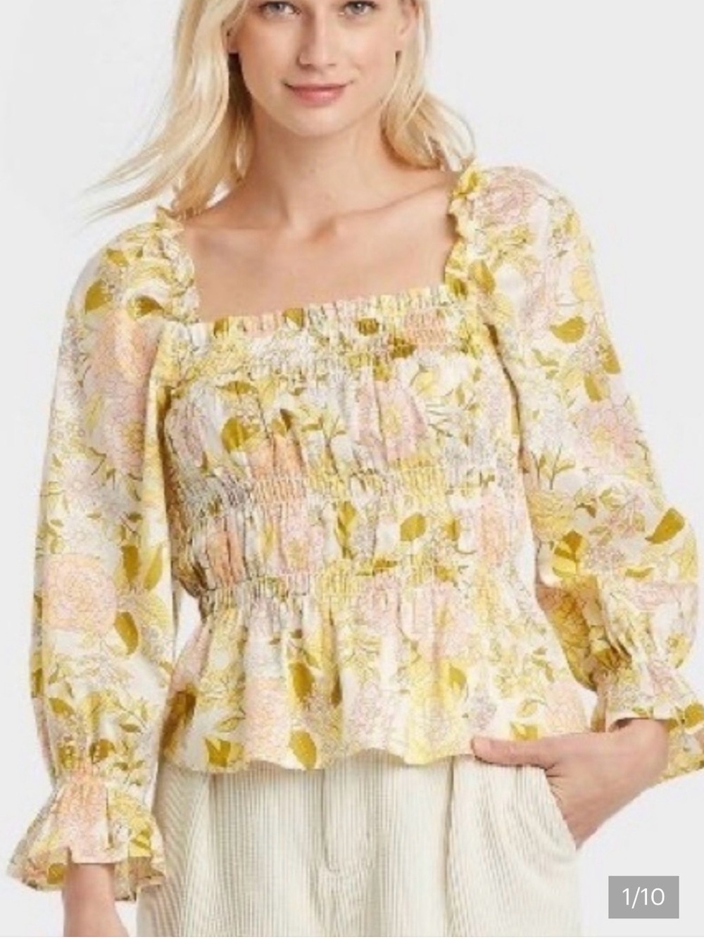 Who What Wear Smocked Square-Neck Floral Blouse - Yellow Pink